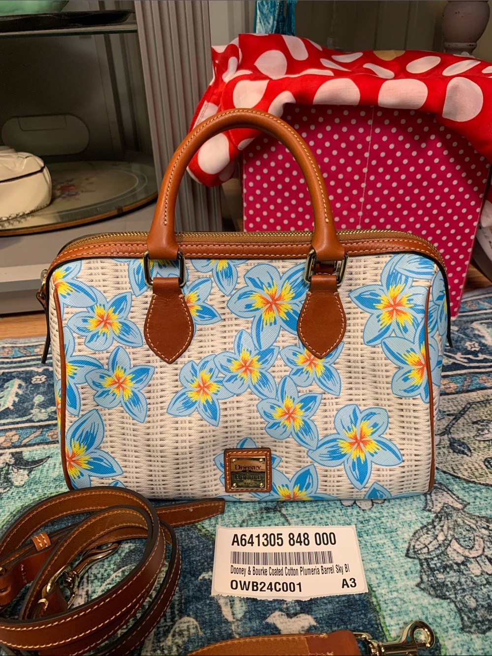 Dooney & Bourke Coated Cotton Plumeria Barrel Bag Speedy blue white NWOT